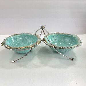 Calif Original USA Pottery Turquoise Cabbage Leaf Gold Trim 2 Bowl 741 W/Stand